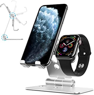 OMOTON Soporte Dual Movil y Watch- Ajustable Aluminio Soporte 2 en 1 Compatible con iPhone-Samsung-Huawei-Xiaomi-Lenovo y Apple Watch 5-4- 3- Multi-angulo- Antideslizante- Plata