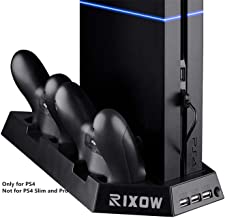Rixow Refrigeracion para PS4 con Dos Ventiladores de Playstation 4 Consola con Puertos Libres Cargador Doble Estacion de Carga para Dual Shock - Negro