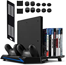 Younik Soporte Vertical para PS4 - PS4 Slim con ventiladores- estacion de carga para dos controles- estante de almacenamiento para 14 juegos